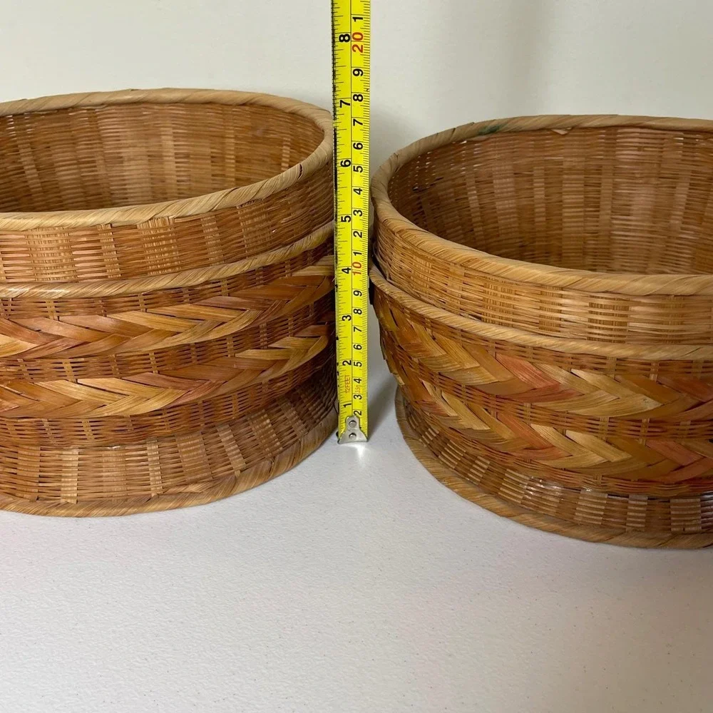 Vintage Woven Bamboo Rattan Round Storage Baskets Planters 2 Brown Boho Natural